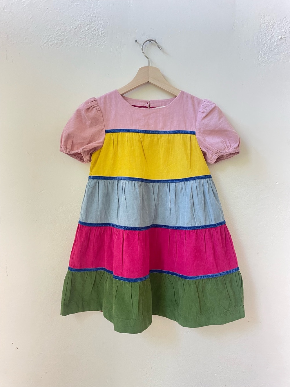 NWT Mini Boden Rainbow Corduroy Tiered Twirly Dress Girls Size 7/8